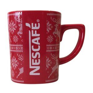 NESCAFE Holiday Squared 11 oz Mug Red White Reindeer Snowflakes Ceramic